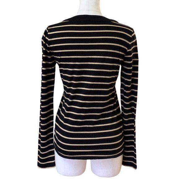 Anne Klein V-Neck Zip Front Long Sleeve Top Tan and Black Stripe Sweater Size S - Picture 6 of 10